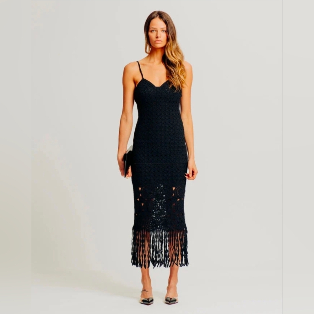 Torn by Ronny Kobo Black Crochet Midi Dress With Fringe Detail NWT Womens Small